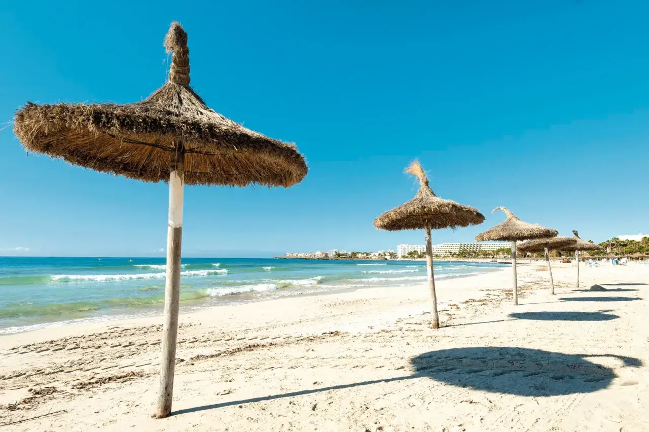 Soliga stråhattparaplyer på en sandstrand vid Palma de Mallorca. Vågor skvalpar in mot kusten under en klarblå himmel.