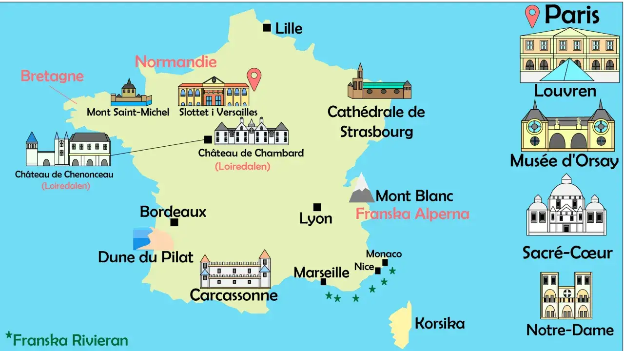 Karta över Frankrike med sevärdheter som Paris, Louvren, Mont Blanc och Bretagne. Perfekt för en semester i Frankrike.