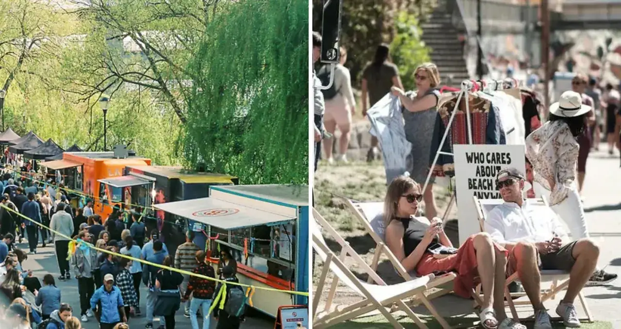 Livligt folkliv vid loopen Hornstull med food trucks och marknadsstånd. Människor njuter av solen och stämningen.