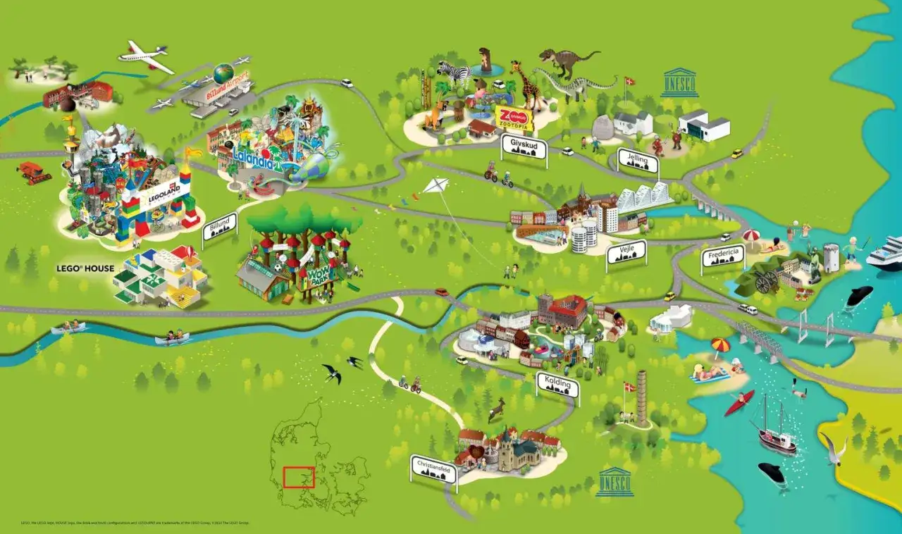 Karta över Danmark med Legoland, Lalandia, Lego House och andra sevärdheter. Perfekt för att planera en resa för att flyga till Legoland!