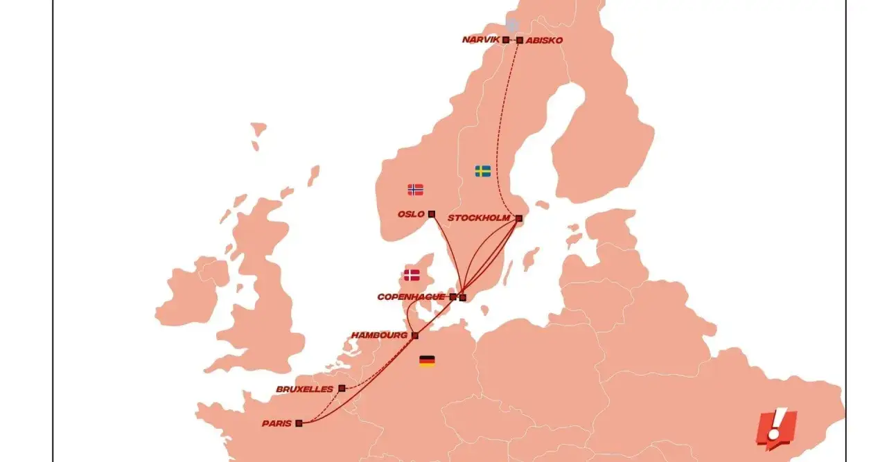 Karta visar tågförbindelser från Stockholm till Paris via Hamburg och Bryssel.