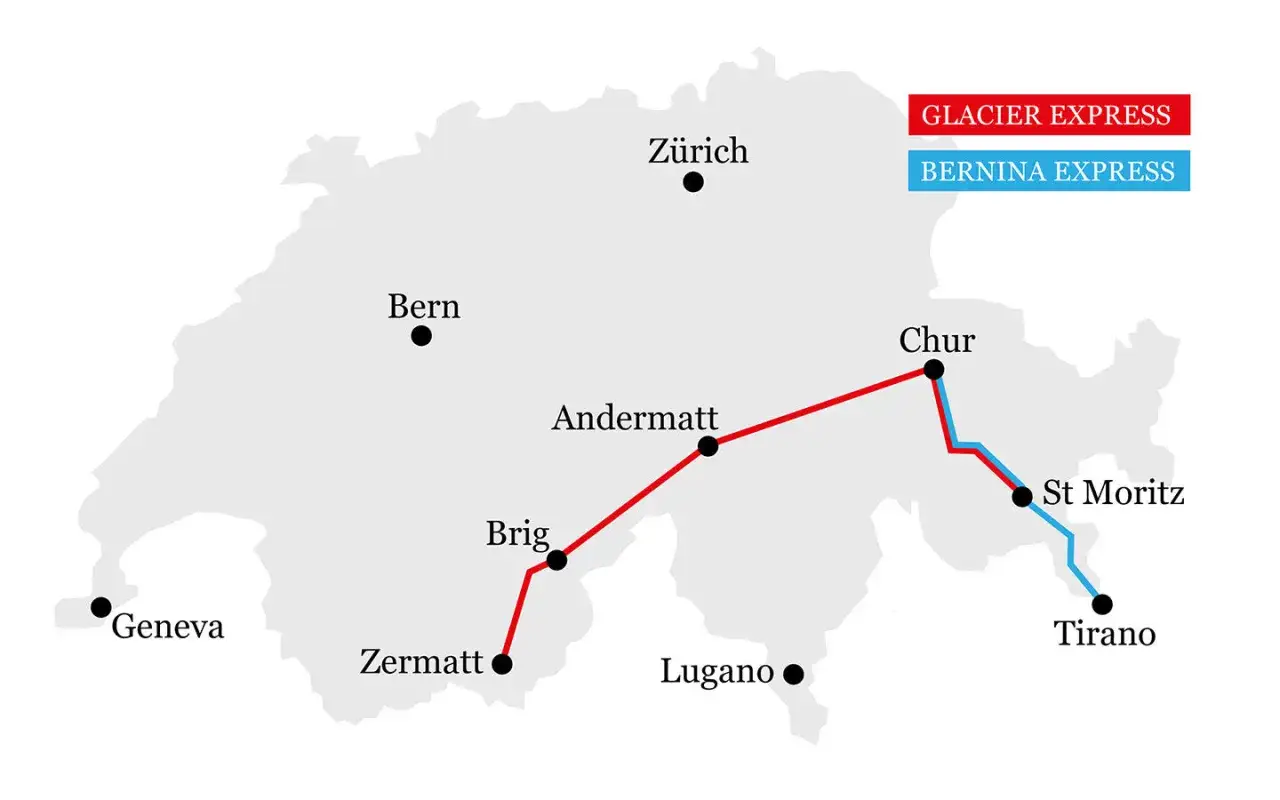 Karta Schweiz visar rutterna för Glacier Express (röd) och Bernina Express (blå). Information om bernina express pris kan hittas här.