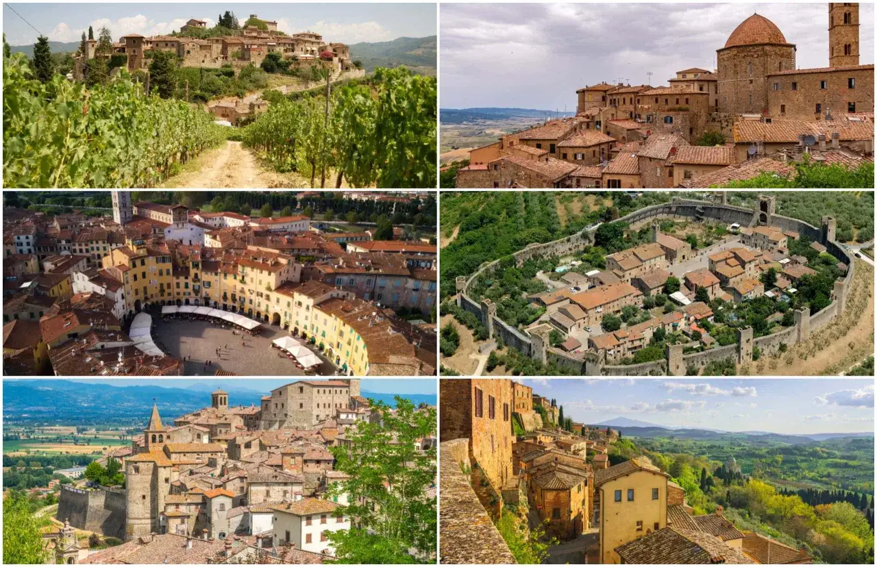 Vyer över pittoreska städer i Toscana, med vingårdar, gamla murar och böljande landskap.