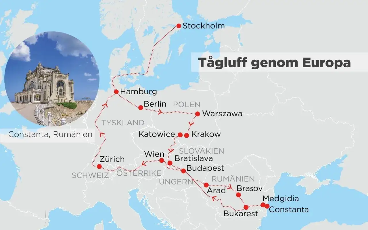 Karta visar en tågluff genom Europa med stopp i Stockholm, Hamburg, Berlin, Warszawa, Zürich, Wien, Bratislava, Budapest, Arad, Brasov, Bukarest och Constanta. Frågan 