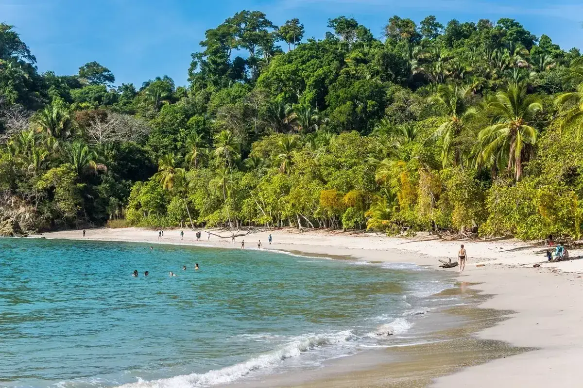 En drömresa till Costa Rica: en vacker strand med turkost vatten, frodig djungel och några badande människor.