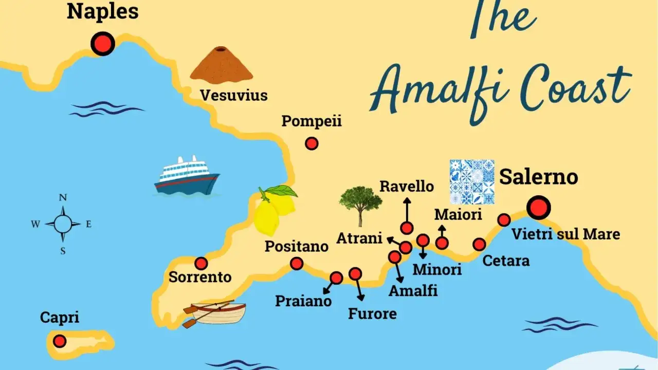 Karta över Amalfikusten med Naples, Vesuvius, Pompeii, Sorrento, Capri, Positano, Amalfi, Ravello, Salerno. Perfekt för att planera din resa från amalfikusten flygplats.