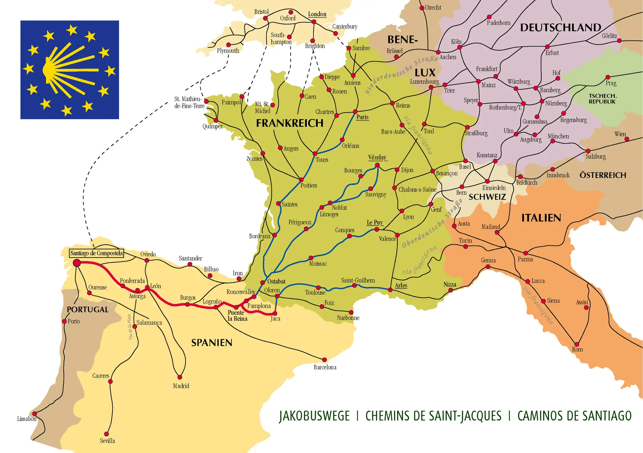 Karta &ouml;ver pilgrimsleder i Europa, inklusive el camino de Santiago. Visar rutter genom Frankrike, Spanien, Portugal, Italien, Schweiz, Tyskland och Tjeckien.