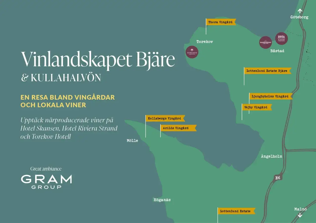 Karta &ouml;ver ving&aring;rdar i Sk&aring;ne, med fokus p&aring; Bj&auml;rehalv&ouml;n och Kullaberg. Uppt&auml;ck lokala viner och bes&ouml;k platser som Thora Ving&aring;rd och Kullabergs Ving&aring;rd.