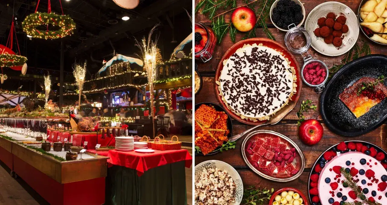 Vänster: festligt julbord med juldekorationer och mat. Höger: en härlig samling godsaker, inklusive tårta och bär, som en del av ett tyrols julbord.