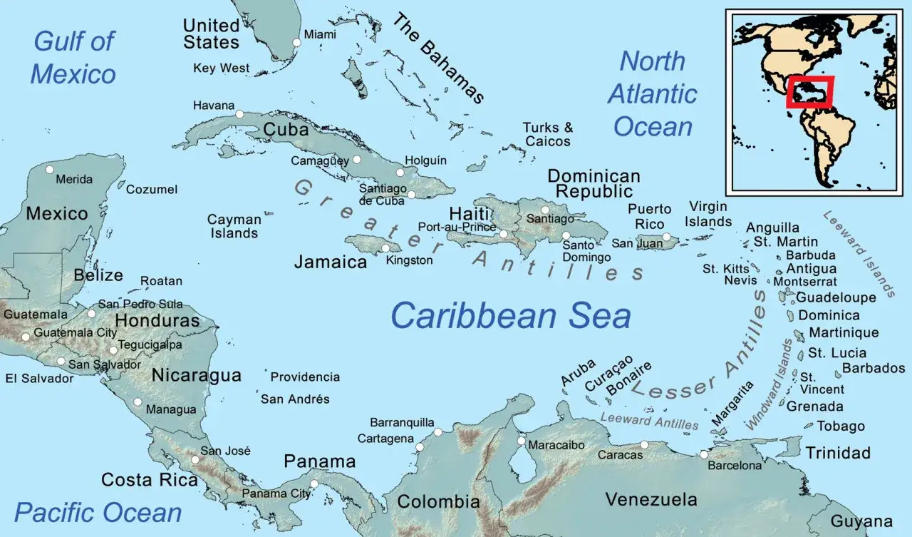 Karta över Karibiska havet med länder som Kuba, Jamaica, Dominikanska republiken och Puerto Rico. Inkluderar även Mexikanska golfen och Nordatlanten.