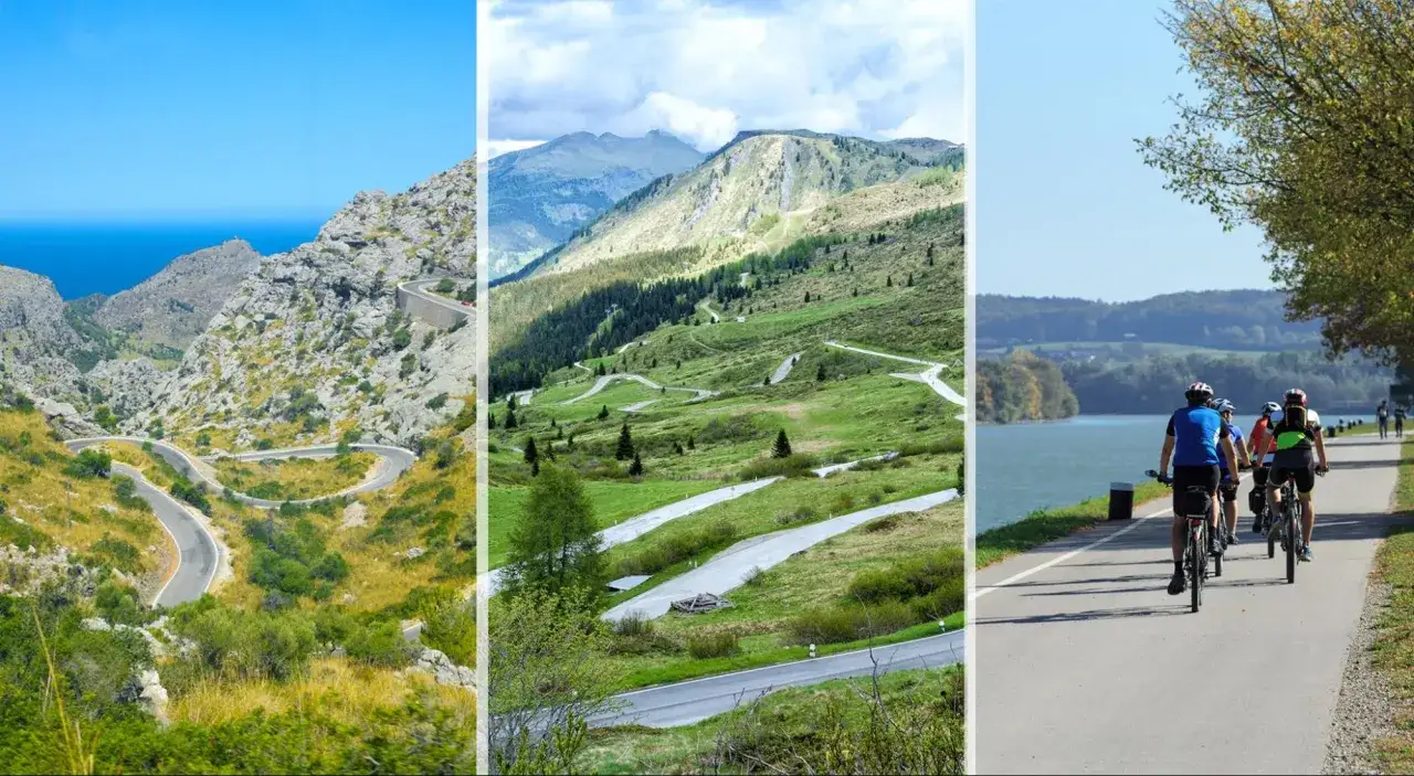 Vyer från en cykelsemester i Europa: slingrande bergsvägar vid havet, serpentinvägar i gröna berg och cyklister längs en sjö.