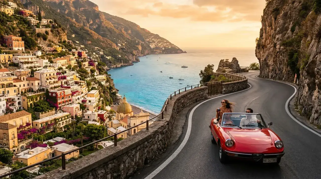 Ett par k&ouml;r en r&ouml;d cabriolet l&auml;ngs en slingrande kustv&auml;g i Italien. Tips f&ouml;r att hyra bil i Italien: njut av den fantastiska utsikten!