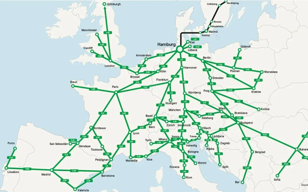 En karta &ouml;ver Europa med t&aring;grutter och restider, perfekt f&ouml;r din sj interrail-resa.