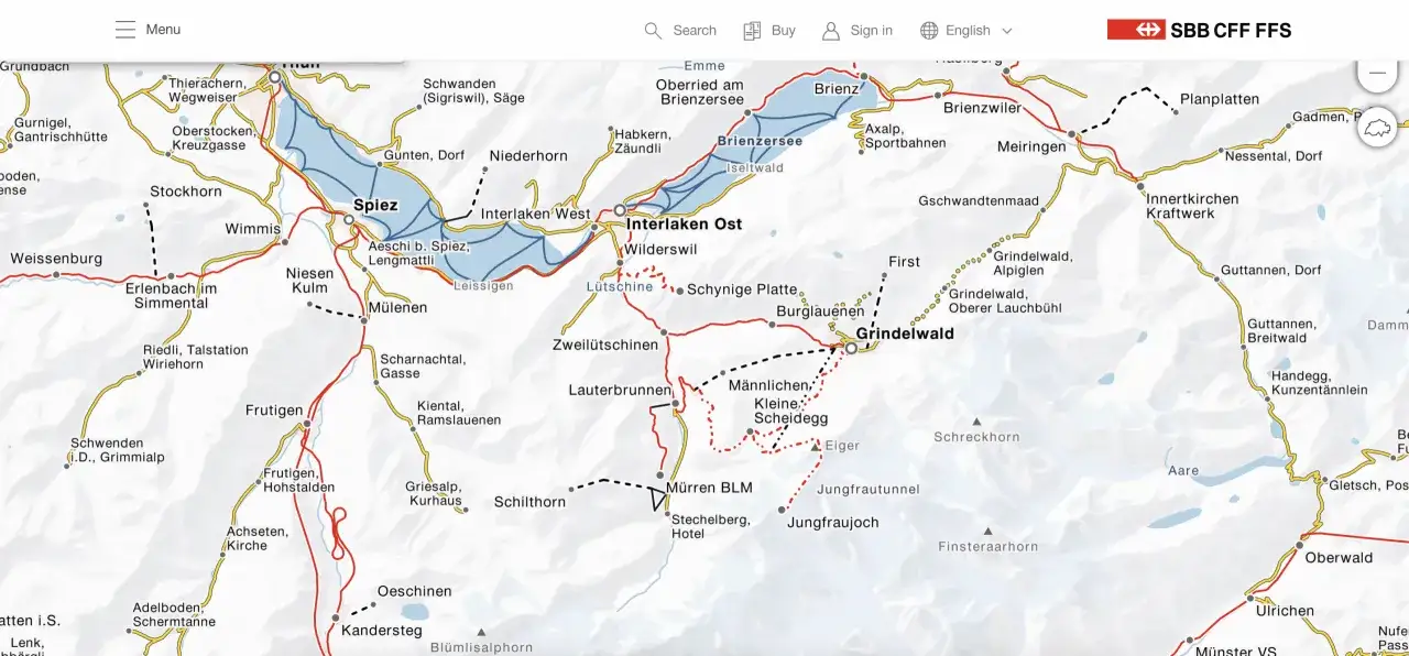 Karta &ouml;ver Schweiziska Alperna med t&aring;gsp&aring;r som visar resv&auml;gar fr&aring;n Spiez till Grindelwald och Jungfraujoch. En del av swiss pass-rutten.