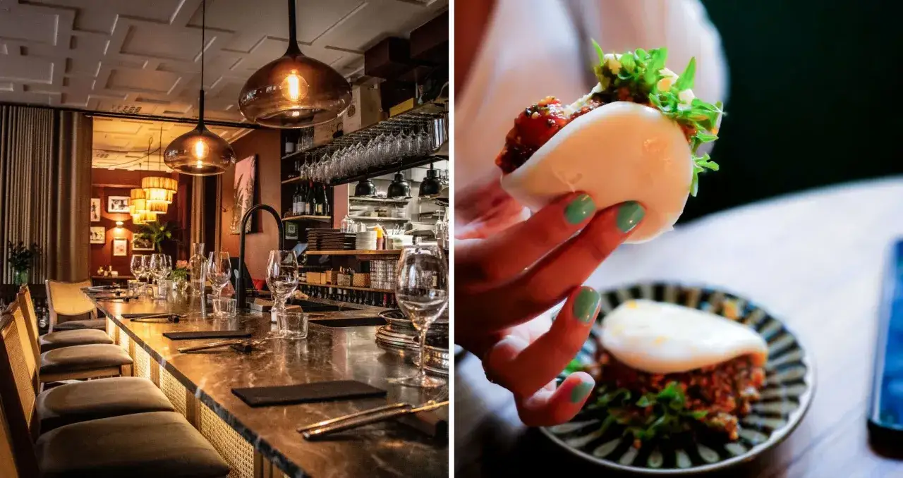 En elegant bar i Stockholm med italiensk känsla. En hand håller en läcker bao-bun med grönt.