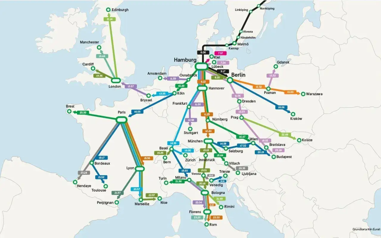 En karta över Europa med tågförbindelser. Tänk dig ett tåg till Portugal som en del av denna resa.