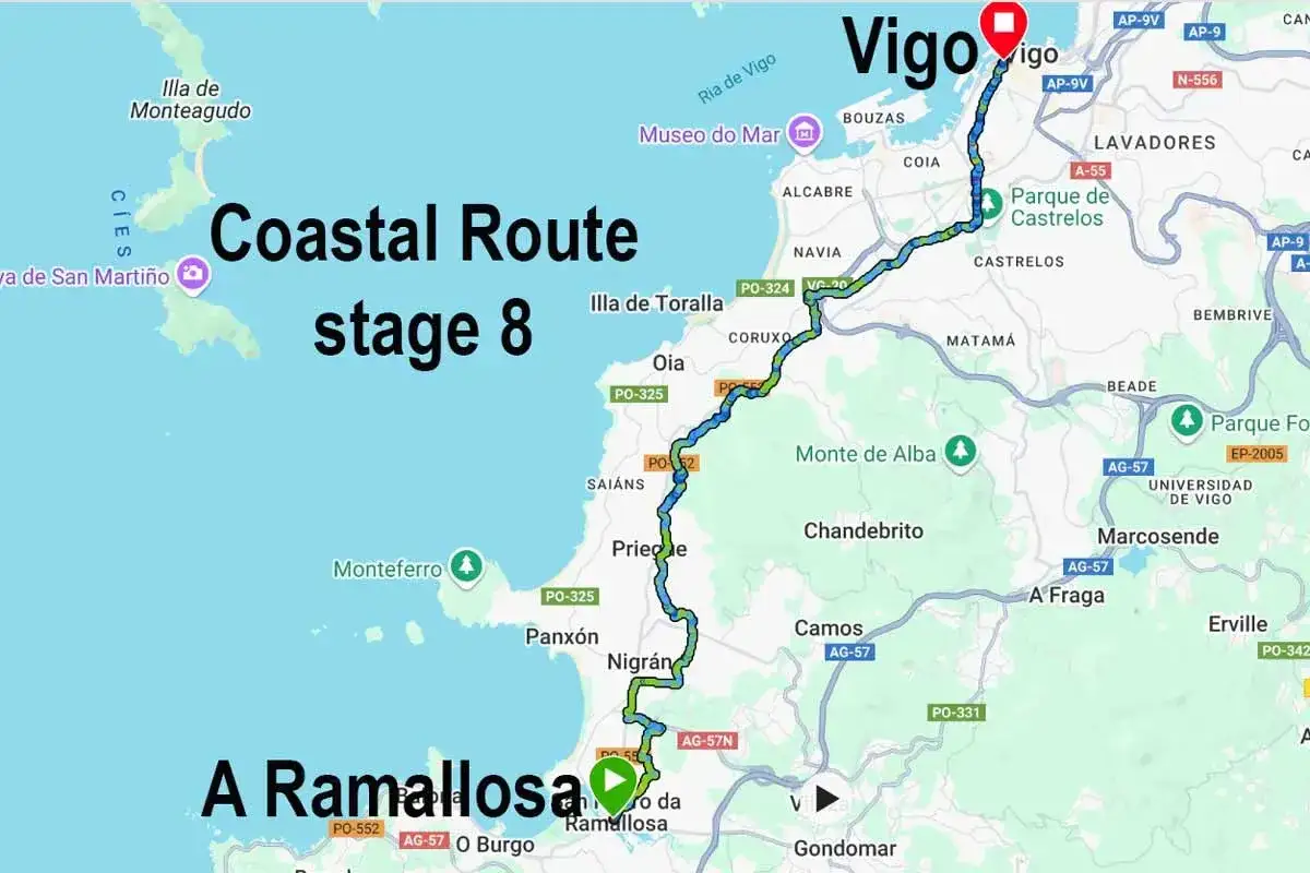 Karta över kustvägen, etapp 8 av Camino Portugués, från Vigo till A Ramallosa.