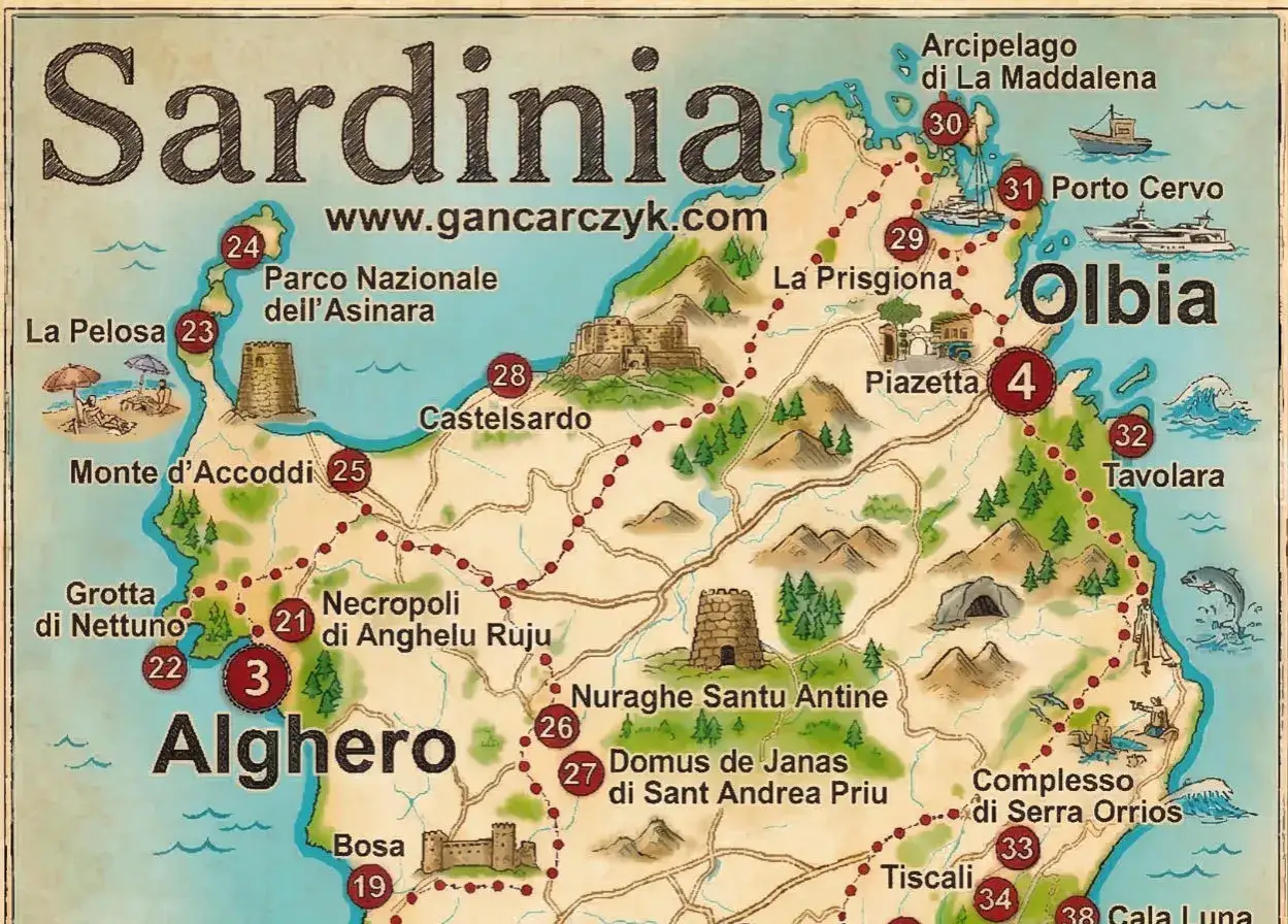 Karta över Sardinien med sevärdheter som Alghero, Olbia och Porto Cervo. En perfekt sardinien reseguide för att planera din resa.