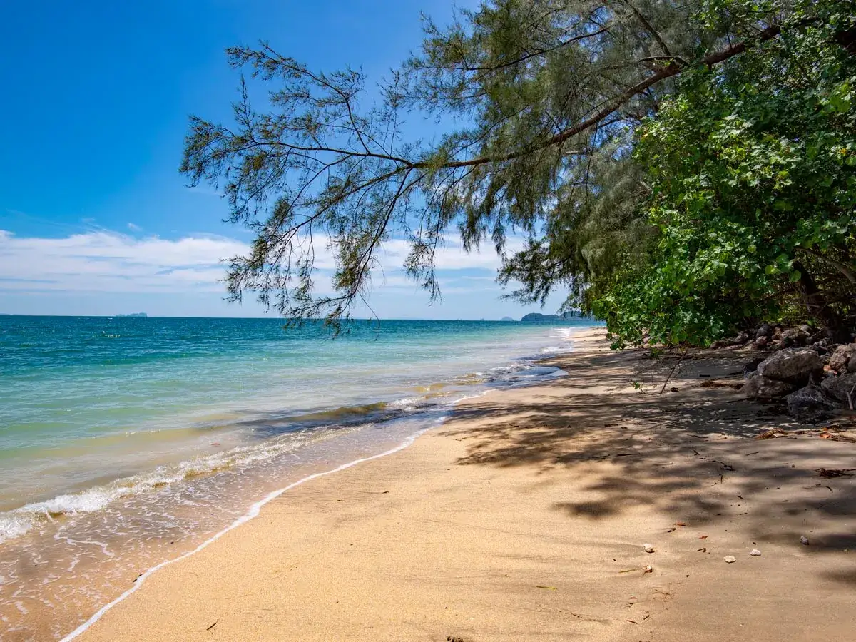 En solig strand p&aring; Koh Jum med turkost vatten, gyllene sand och skuggande tr&auml;d. En perfekt plats f&ouml;r avkoppling.