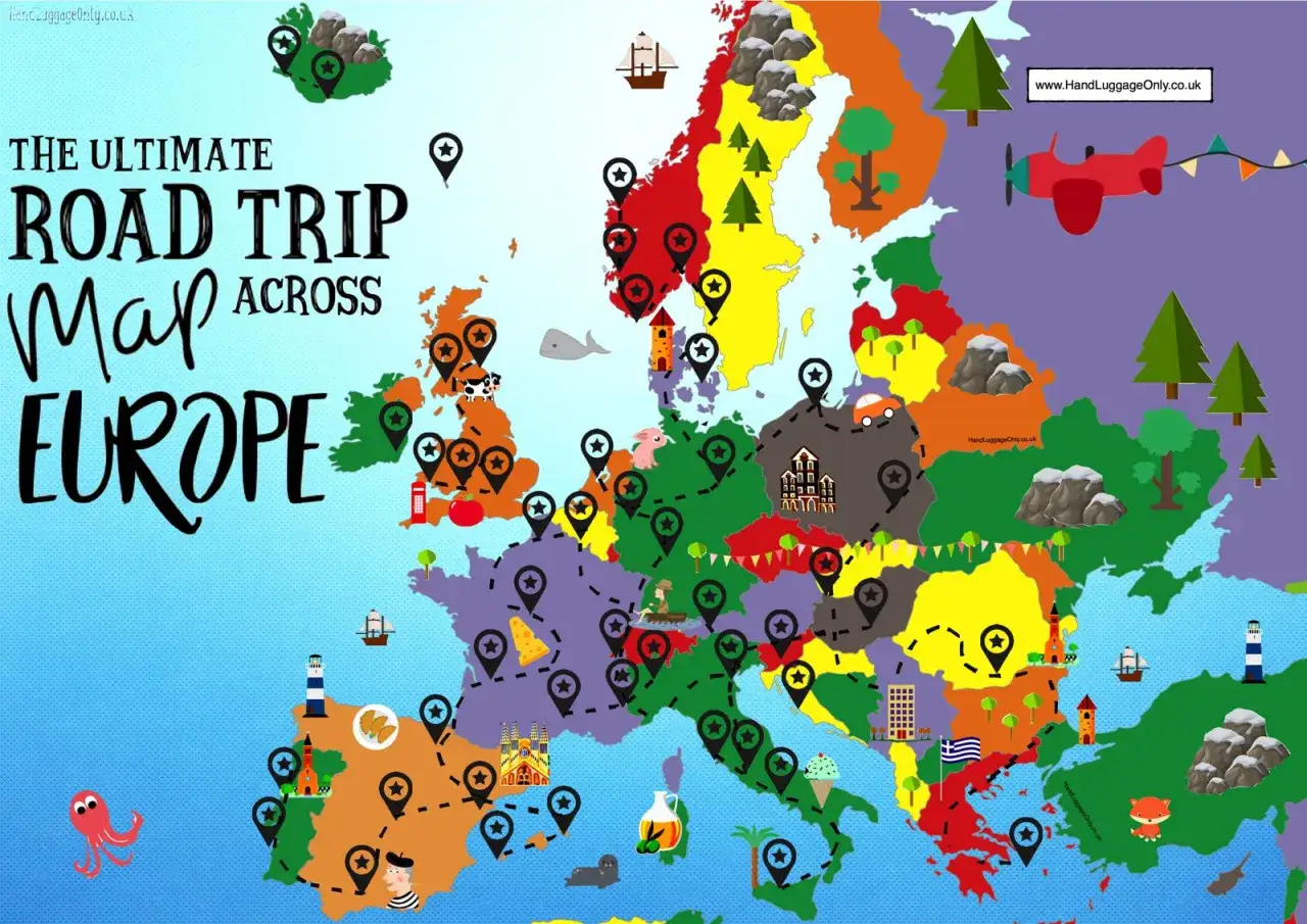 Karta Europas med platser markerade för en ultimativ roadtrip. Färgglada länder, ikoner som bilar, slott och djur. Perfekt för att planera ditt nästa resmål i Europa.