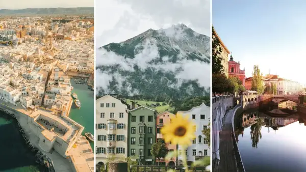 Drömresor i Europa: en italiensk kuststad, alpina hus med berg i molnen och en flodpromenad i en europeisk stad. Perfekt för weekendresor Europa.