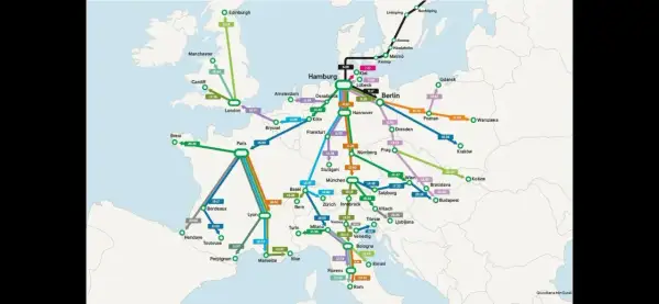 En karta som visar tågförbindelser i Europa. En linje går från Stockholm till Paris, med flera stopp däremellan.
